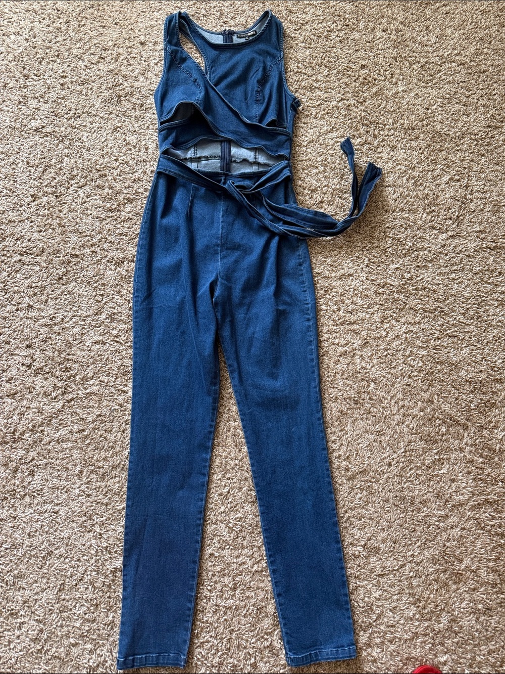 Fashion Nova Dark Blue Denim Cutout Jumpsuit
